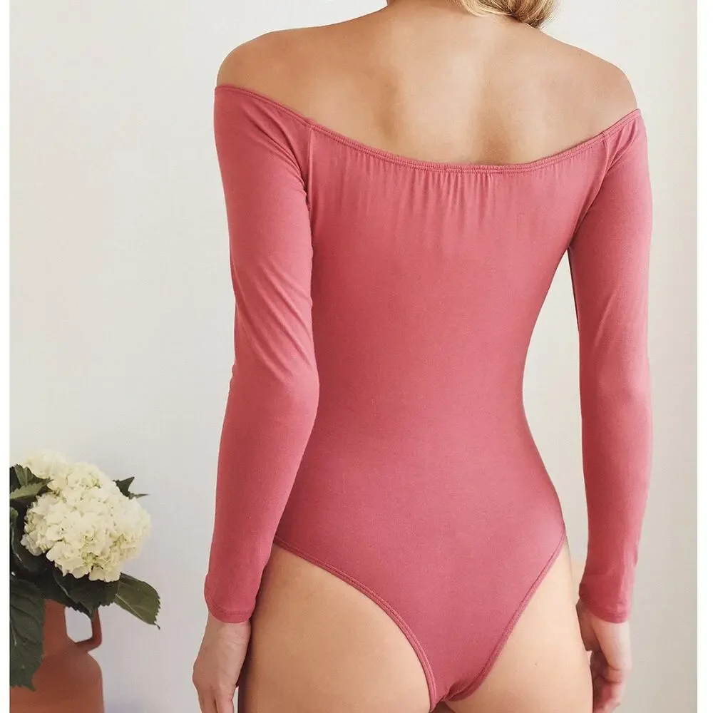 Lulus Upstage Rusty Rose Off The Shoulder Long Sleeve Bodysuit